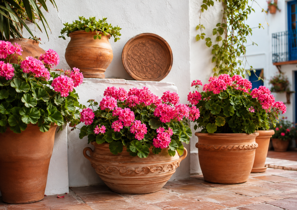 Decora tu patio o balcón con geranios y macetas de barro artesanales